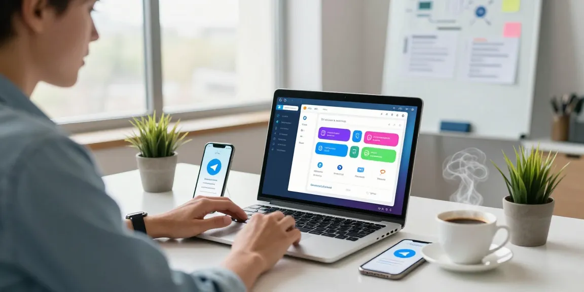 User engaging with Telegram Web Version on a laptop in a modern office setting.