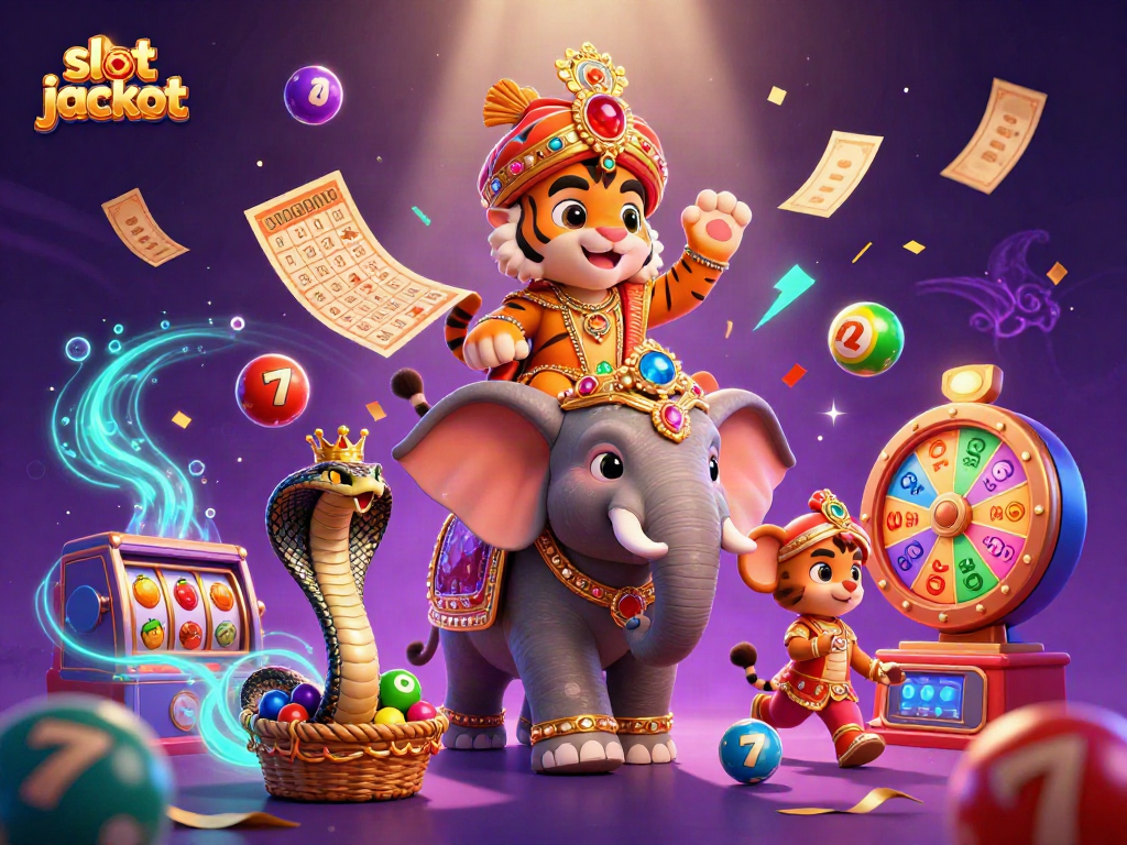 Experience an exciting slot jackpot adventure with a vibrant scene featuring a maharaja tiger and his elephant.