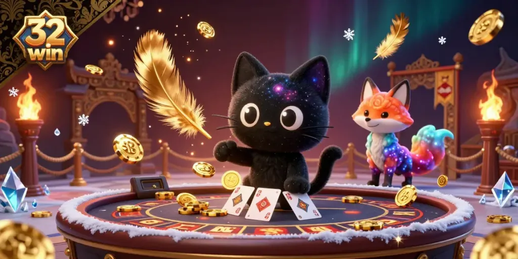 Engage with thrilling casino action at 32 win featuring cosmic characters drawing in golden chips and cards.