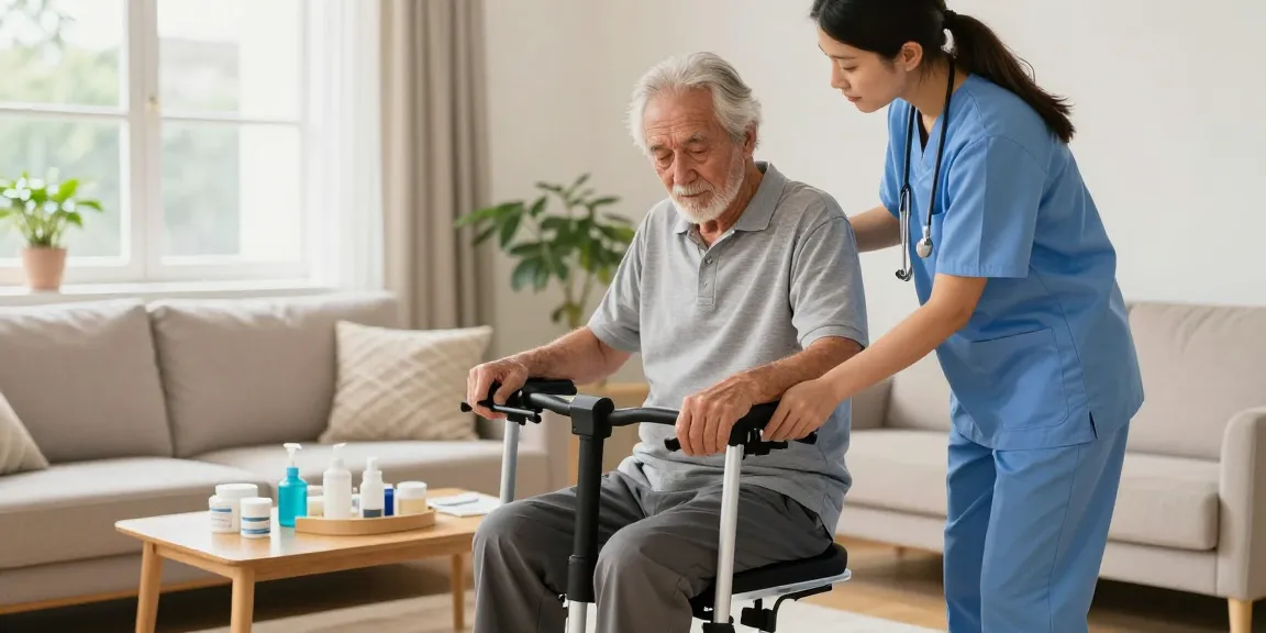 Caregiver assisting elderly patient with home medical equipment in a warm living room