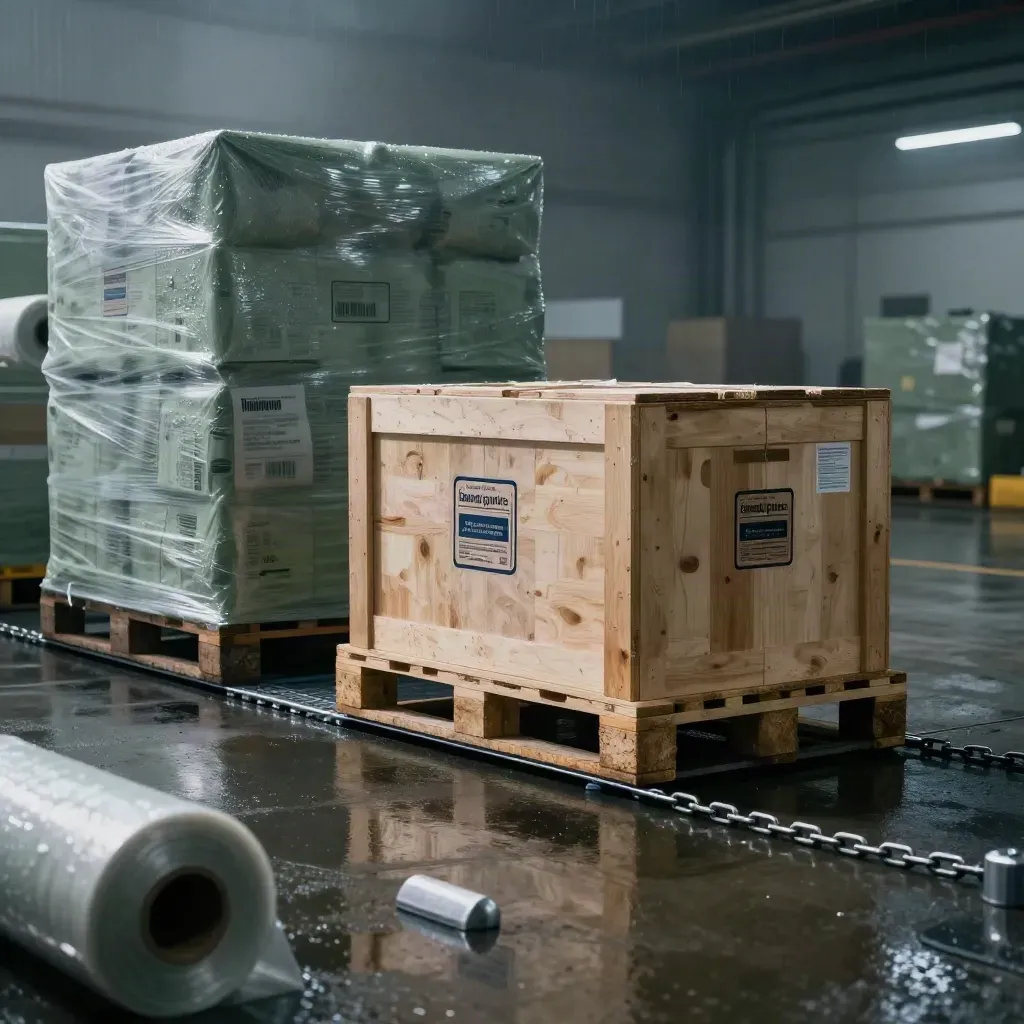 Export bay with sealed crate, cartons, and freight tools in misty dawn light.