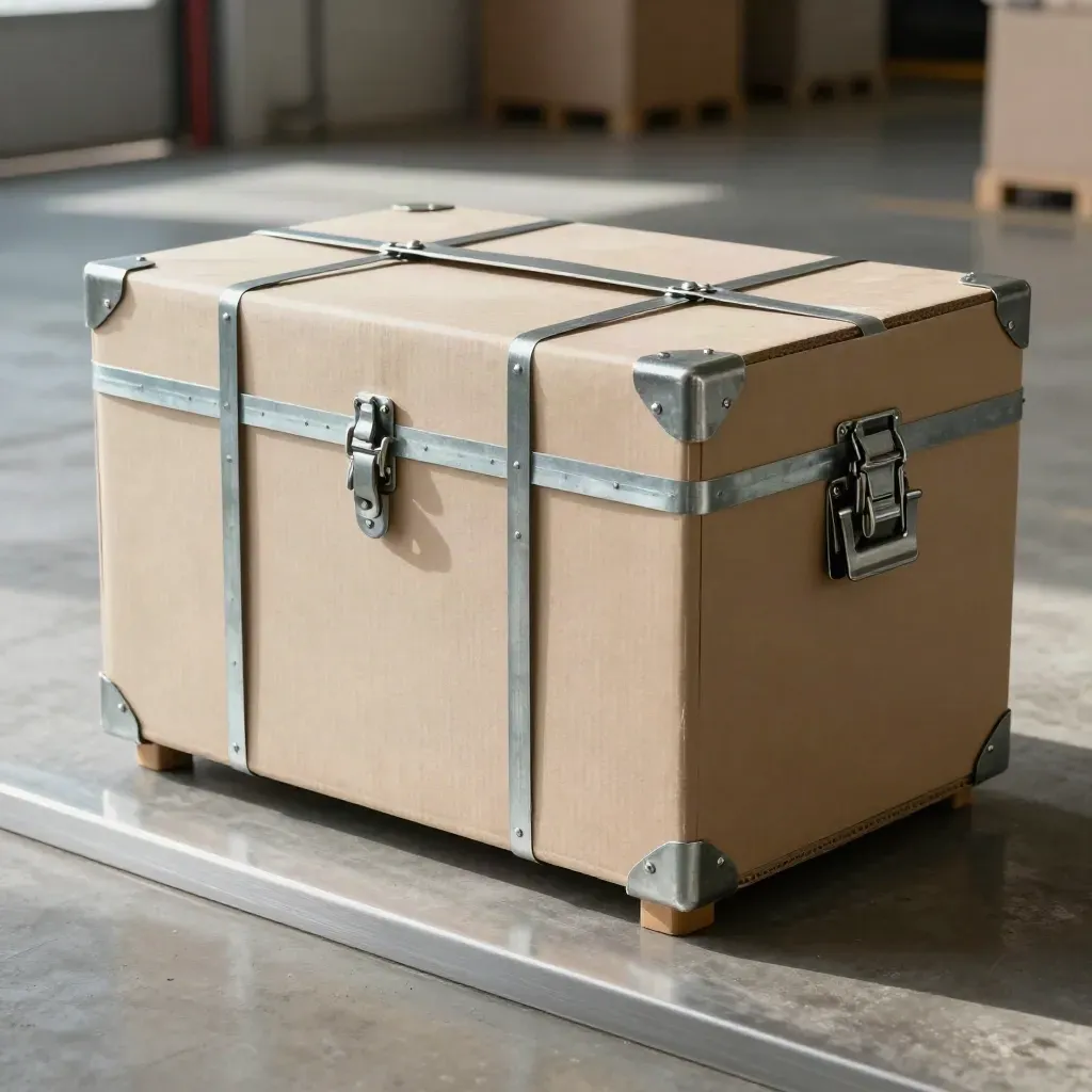 Sealed export crate clipped with a customs sleeve in a bright packing bay