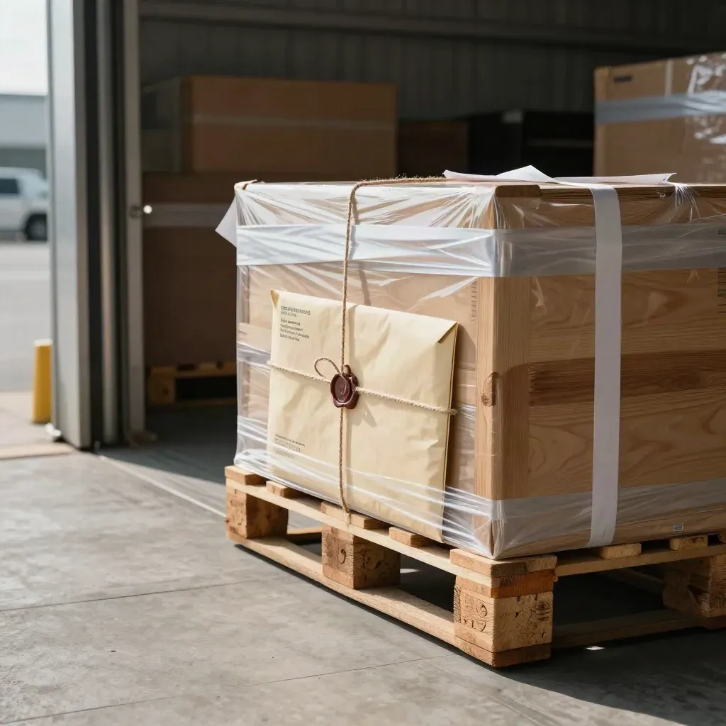 Dock-door export docs staged on a pallet corner with wax seal and twine, lit by soft daylight.