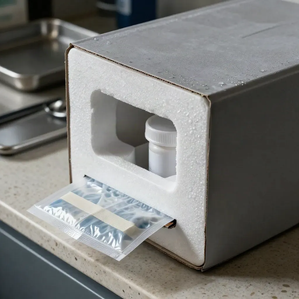 Cold-chain carton with gel packs and specimen jar mid-pack on a chilled bench.
