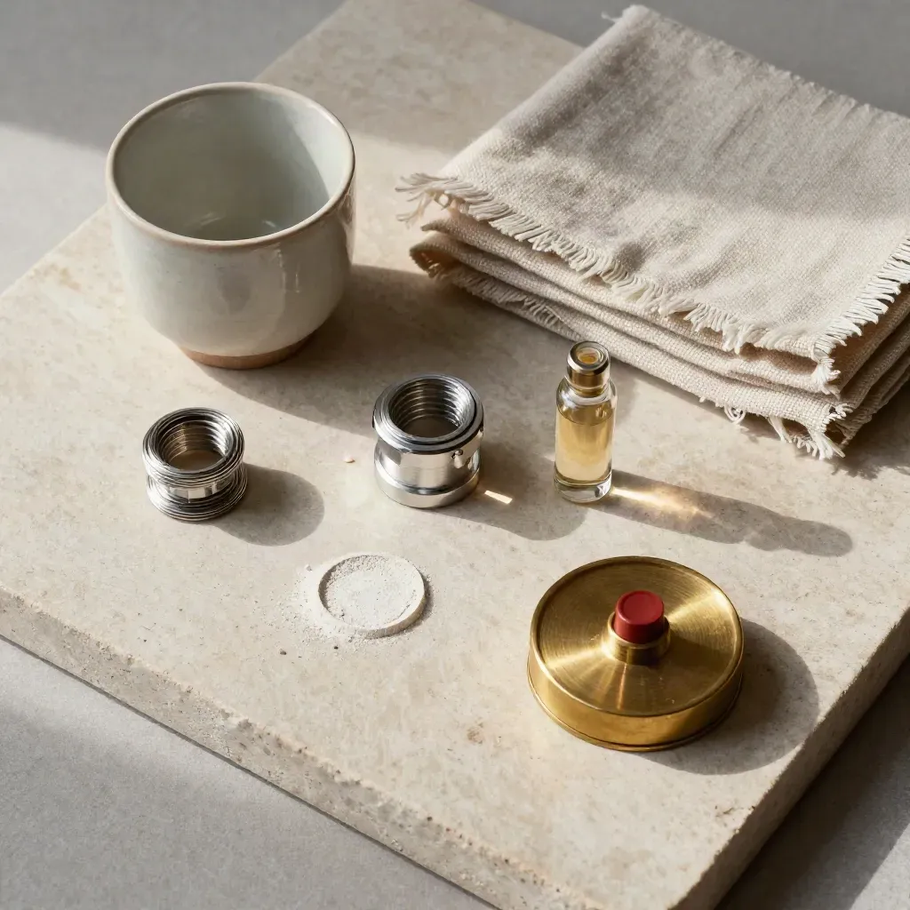 Overhead flat lay of import samples sorted by material beside a brass index wheel.