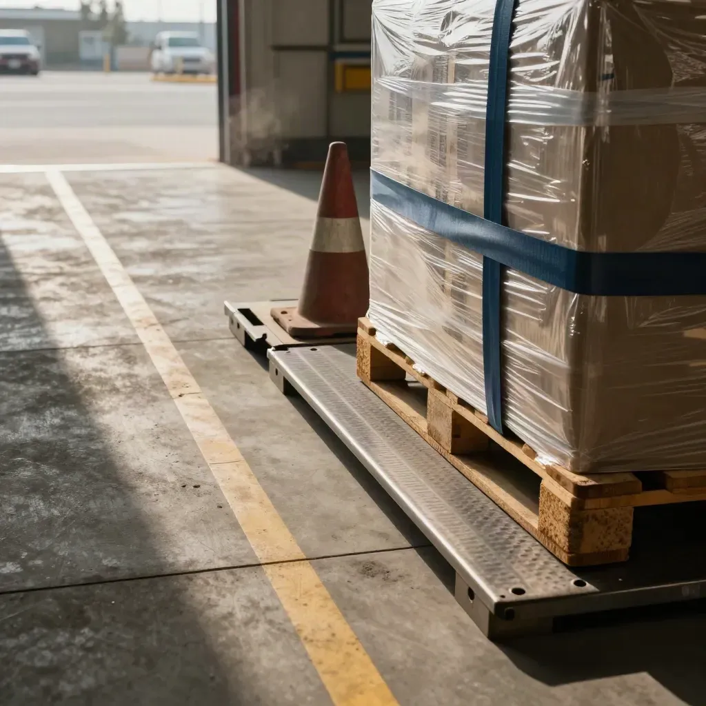 Dock plate, wrapped pallet, safety cone, and lane markers on a warehouse floor.