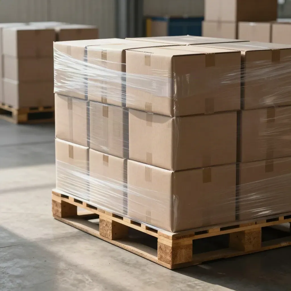 Wrapped home-goods cartons on a ready pallet in a bright warehouse receiving lane