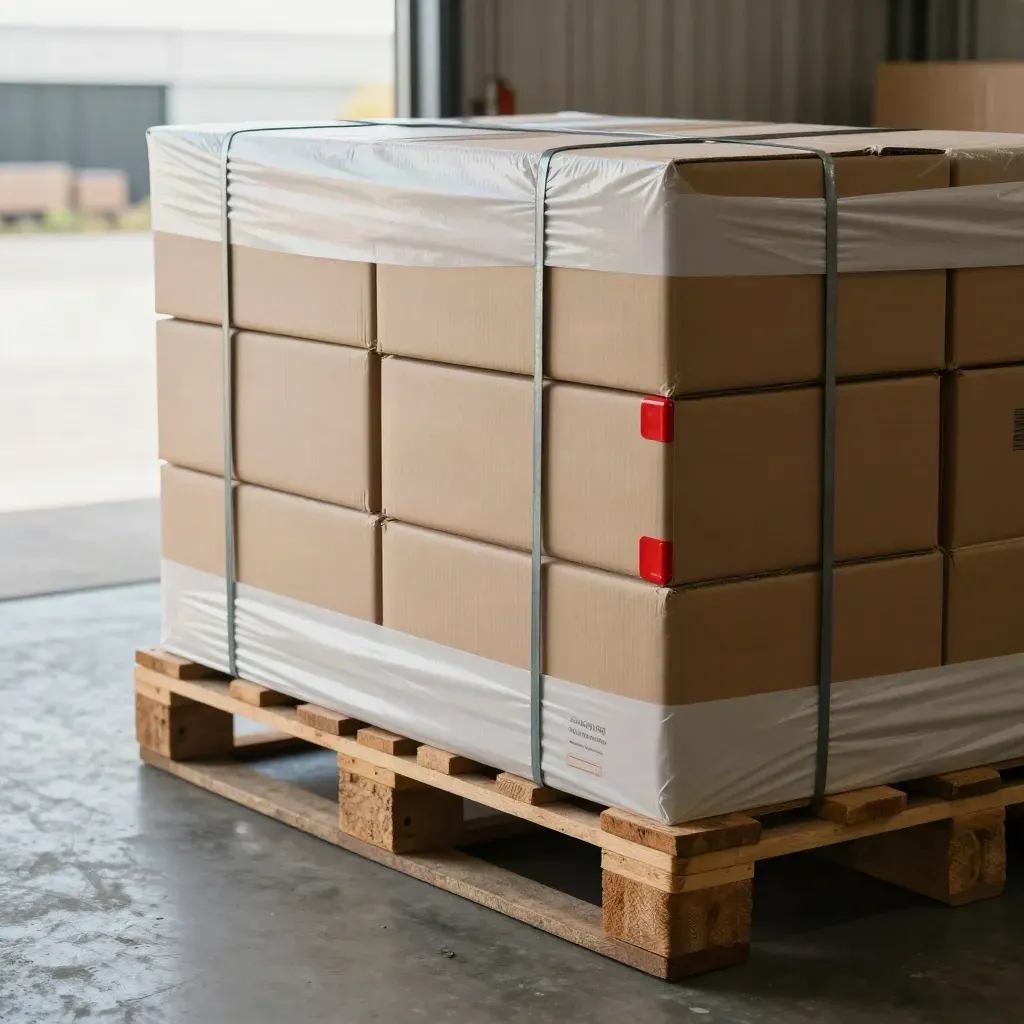 Export cartons on a strapped pallet waiting by a dock door in clean warehouse light