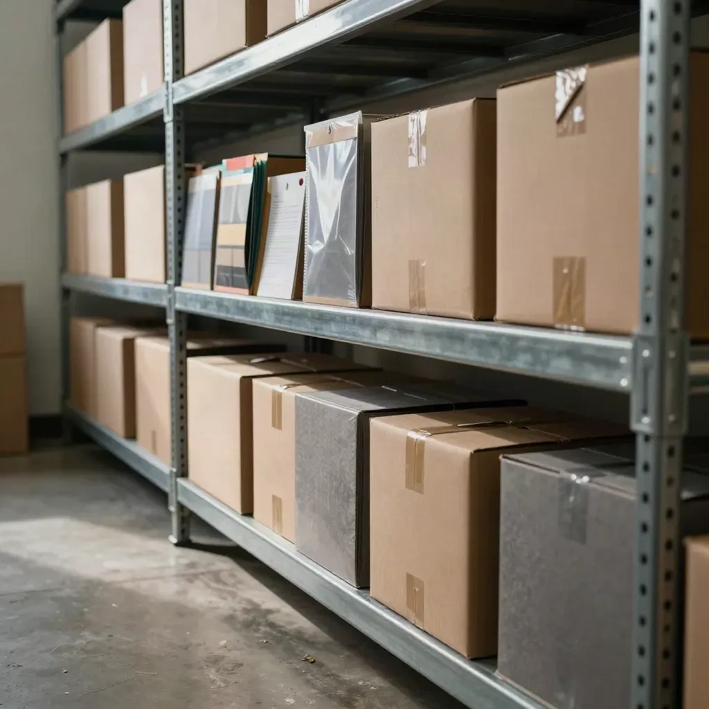 Sealed cartons and sample materials on a warehouse receiving shelf under dramatic light.