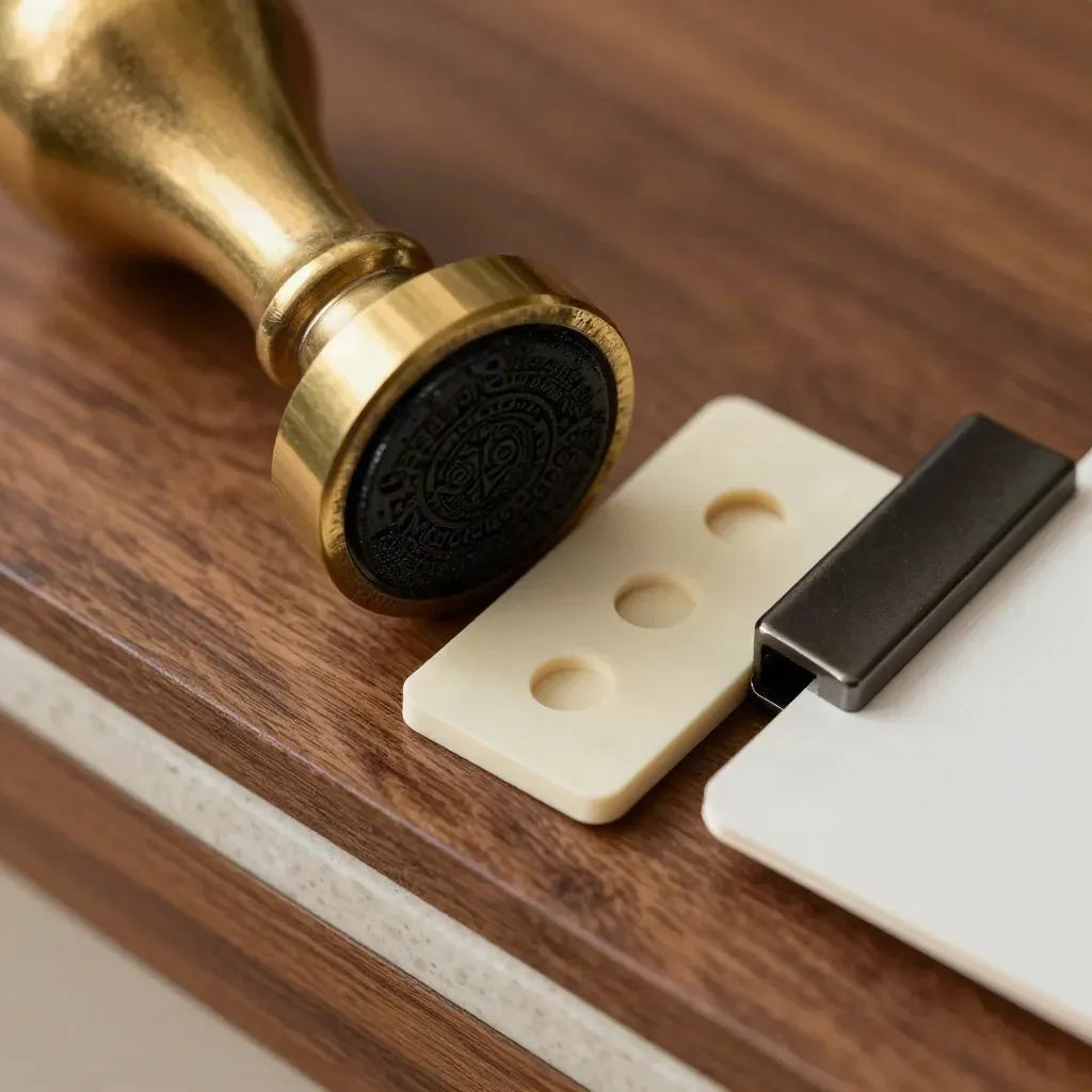 Macro of a brass customs stamp, ink pad, index tabs and audit clip on walnut.