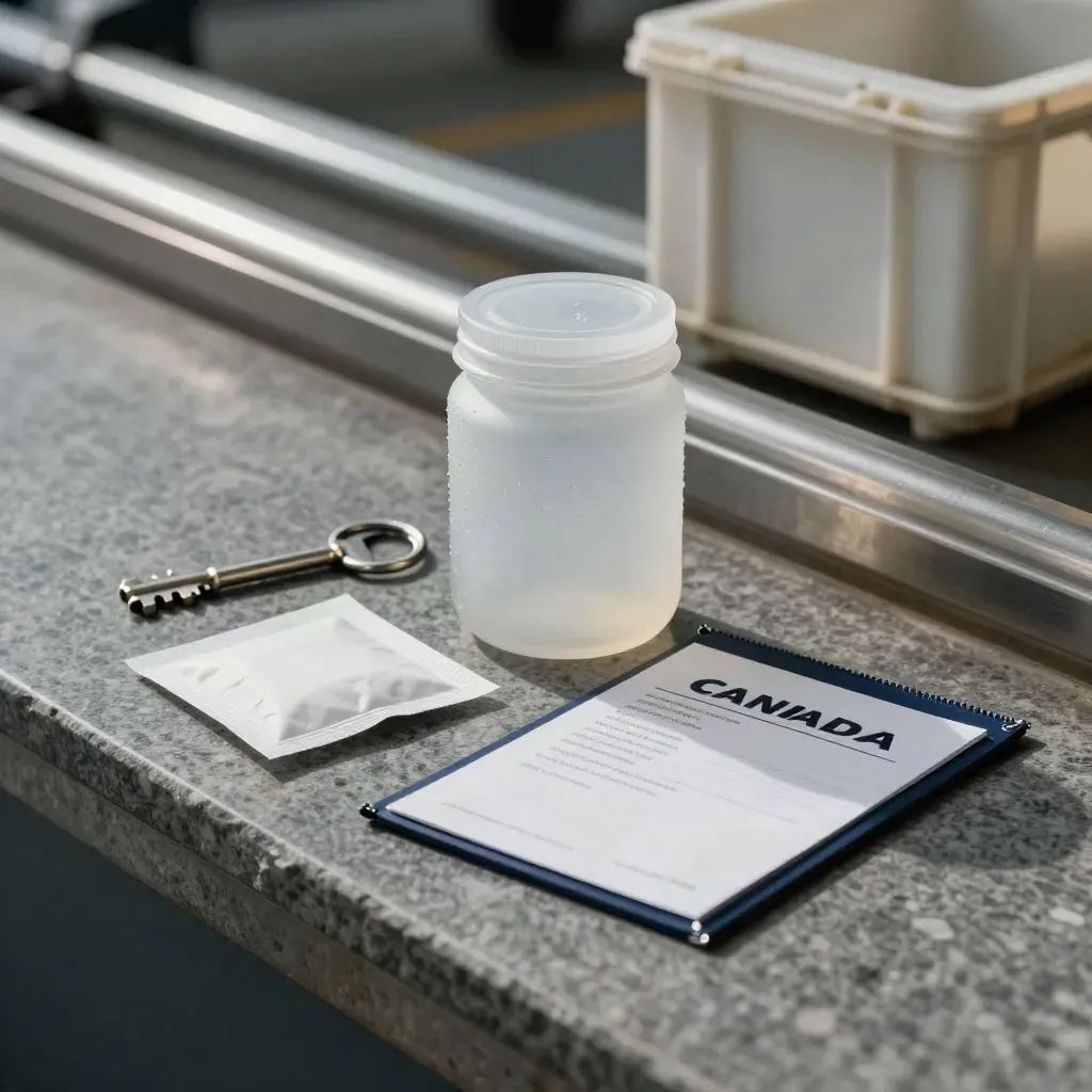 Sample jar, seal, moisture pack, and permit sleeve on stone in dim trade compliance light.