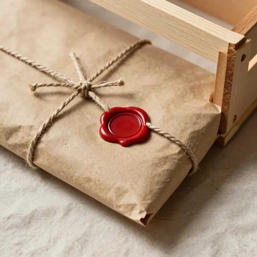 Wax-sealed export envelope, twine, and crate corner under hard side light
