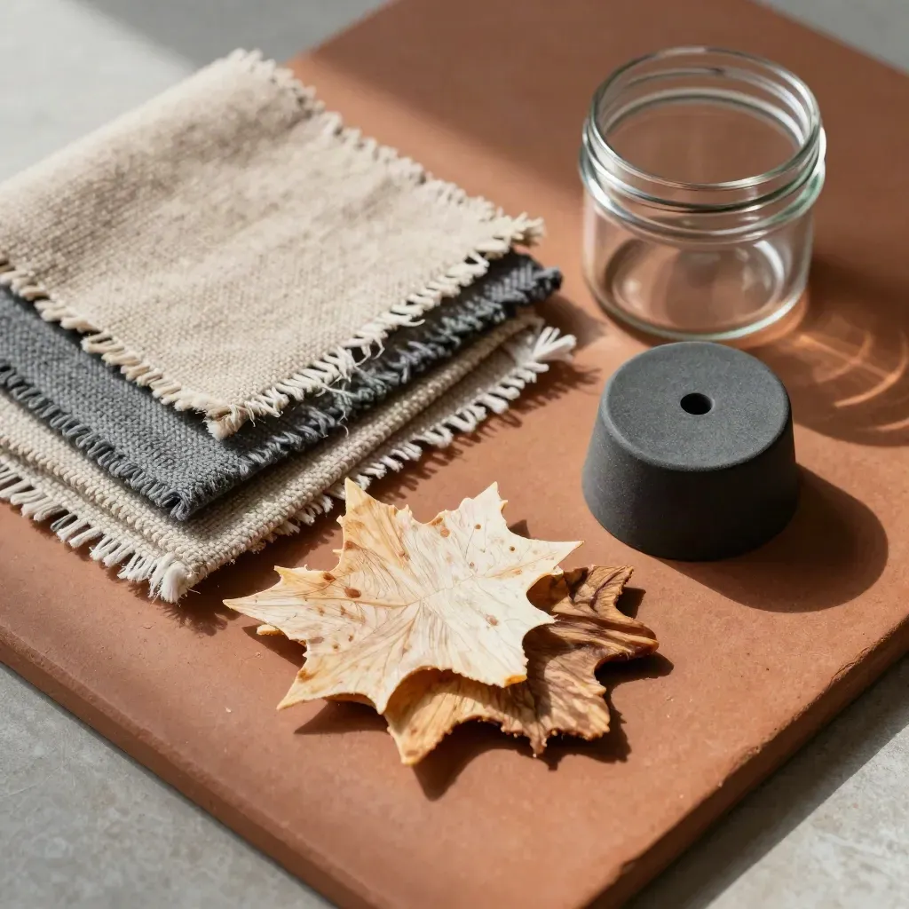 Veneer chips, textile swatches, rubber puck and sample jar on terracotta for sourcing.