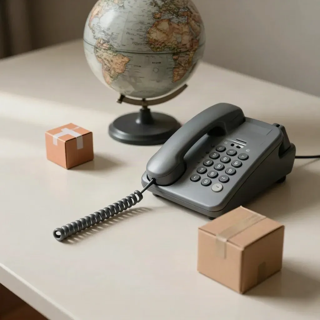 Corded desk phone, muted globe, and small shipping box on pale plaster in soft side light.