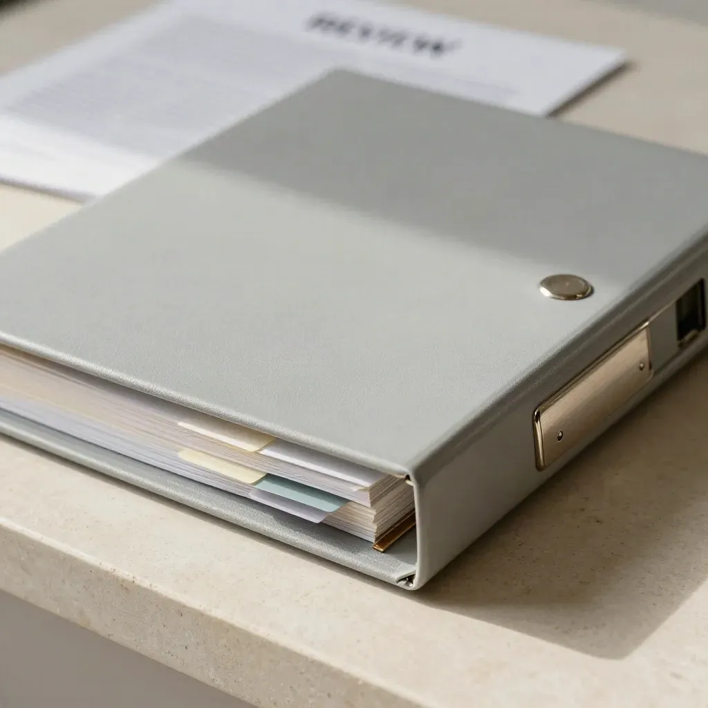 Closed archival binder with tabs and a steel clip on pale stone, softly lit in a minimal trade still-life.