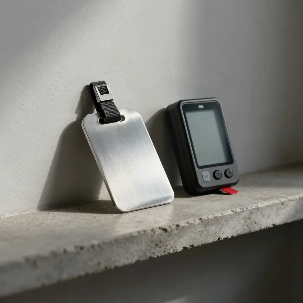 Transit tag, timer, buckle, and rubber scuff on a stone shelf in soft side light.
