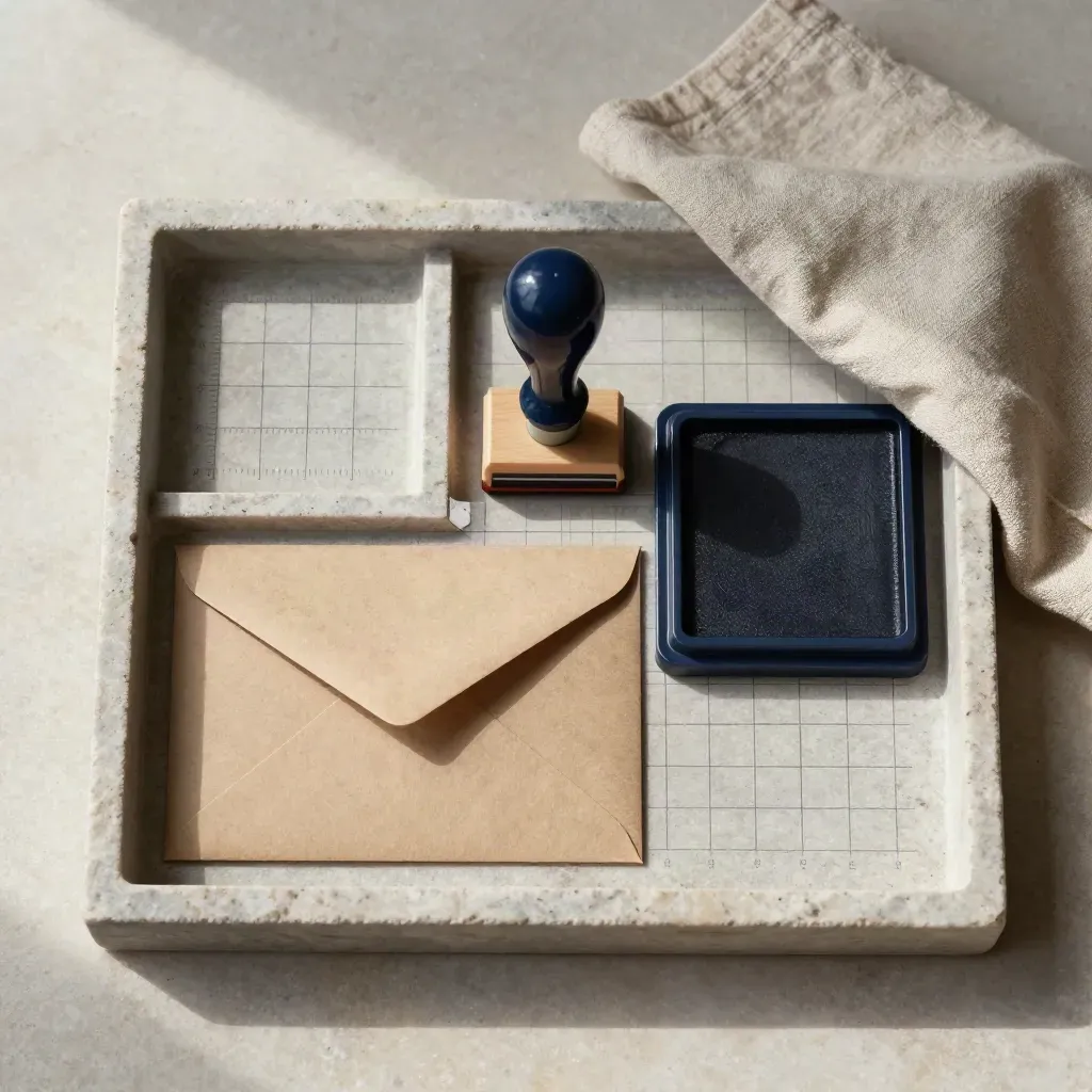 Top-down still life of a stamp, ink pad, sealed envelope and linen cloth on stone