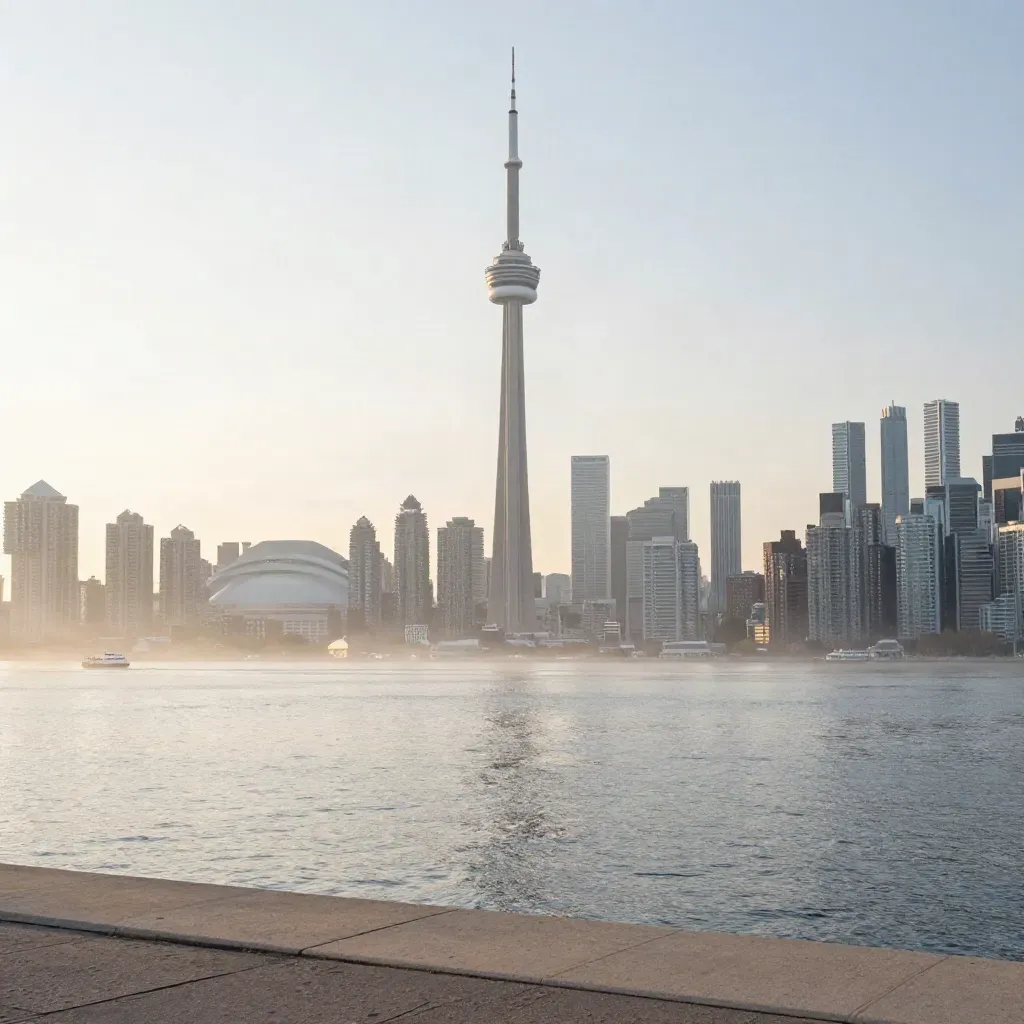 Toronto skyline and CN Tower glowing through dawn haze above calm harbour water