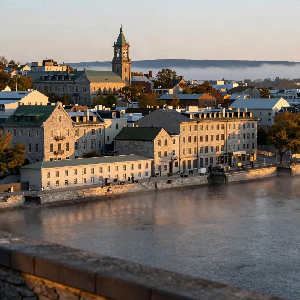 Old Montreal rooftops and clock tower glowing above river mist at sunset