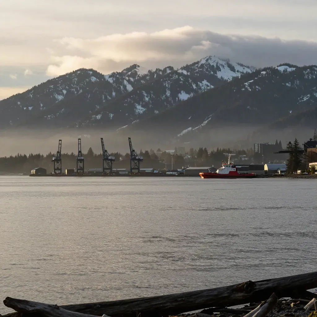 Metro Vancouver mountains above misty harbour water with quiet port silhouettes.