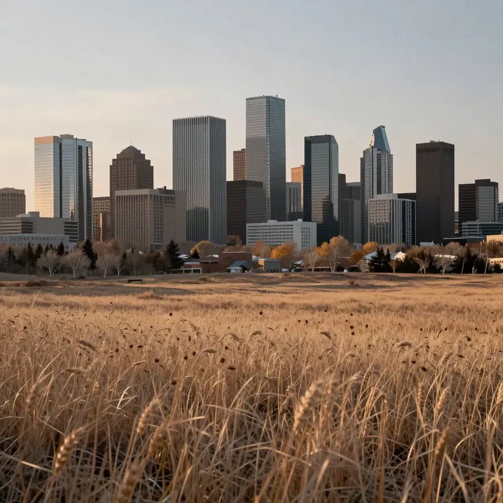 Calgary skyline above a wind-rippled prairie field under warm Chinook light.