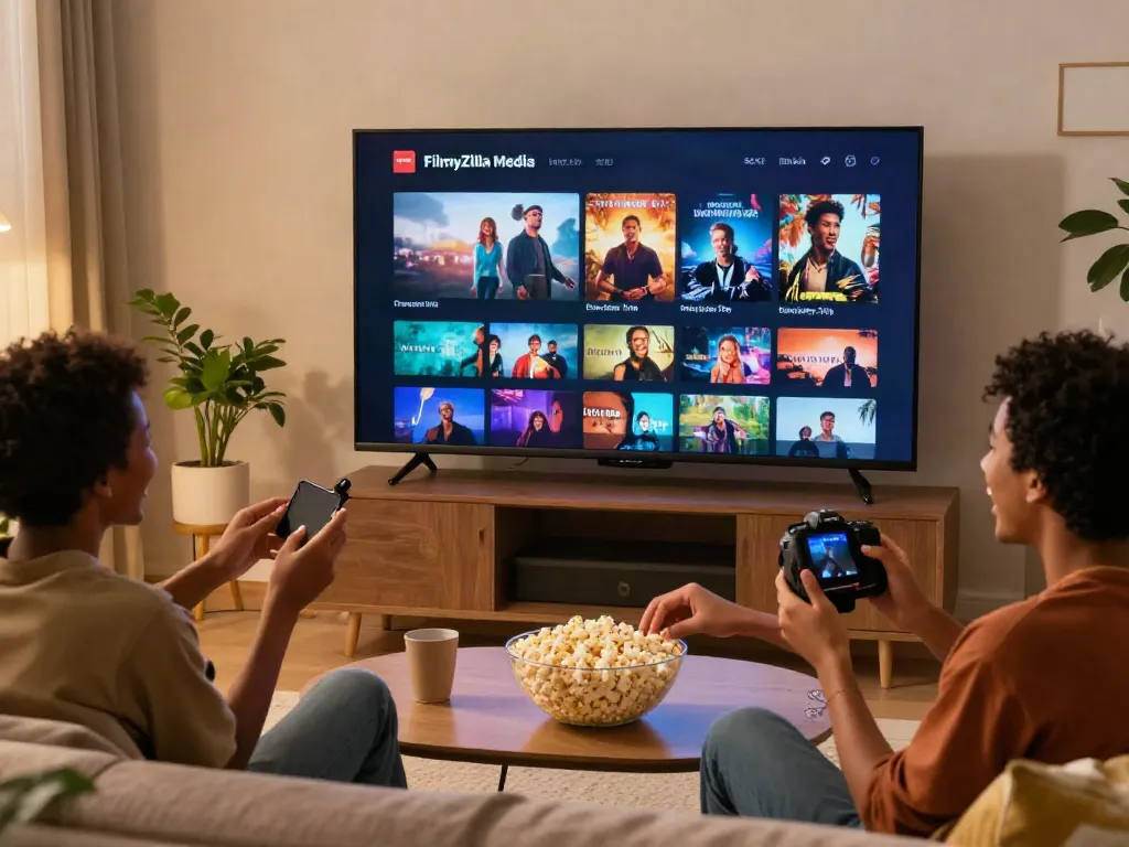 Friends enjoying a movie on FilmyZilla Media app in a cozy living room.