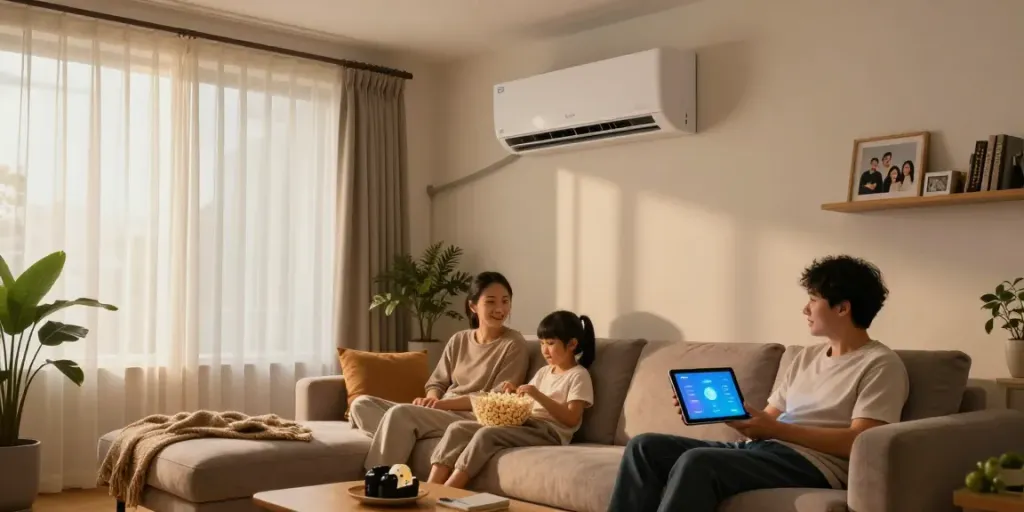 Ductless AC unit cooling a cozy living room while family enjoys movie night