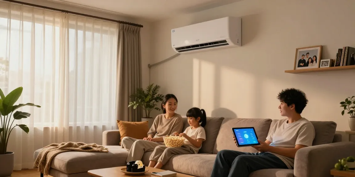 Ductless AC unit cooling a cozy living room while family enjoys movie night