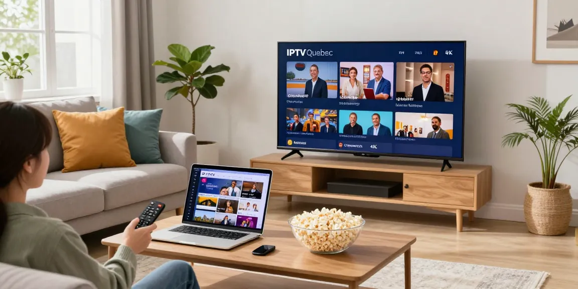 Enjoying IPTV Quebec programming in a cozy living room with a 4K TV and laptop.