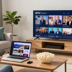 Enjoying IPTV Quebec programming in a cozy living room with a 4K TV and laptop.