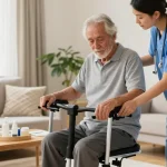 Caregiver assisting elderly patient with home medical equipment in a warm living room